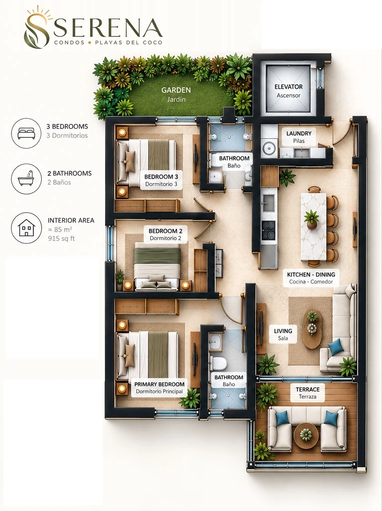 Serena Condos 1st and 2nd floor 3-bedroom, 2-bathroom residence floor plan with terrace